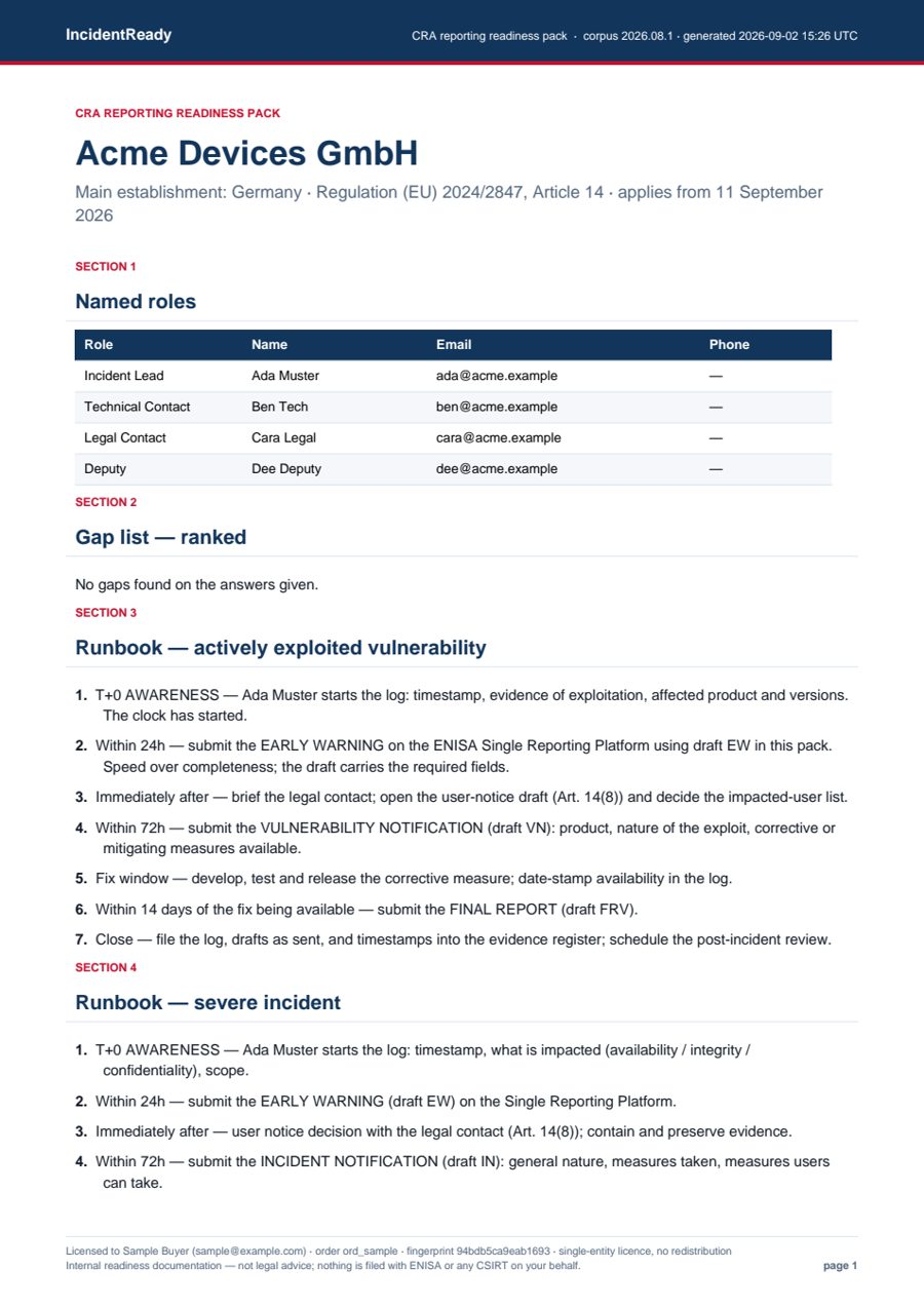 Sample pack page one: named roles table, ranked gap list and the vulnerability runbook
