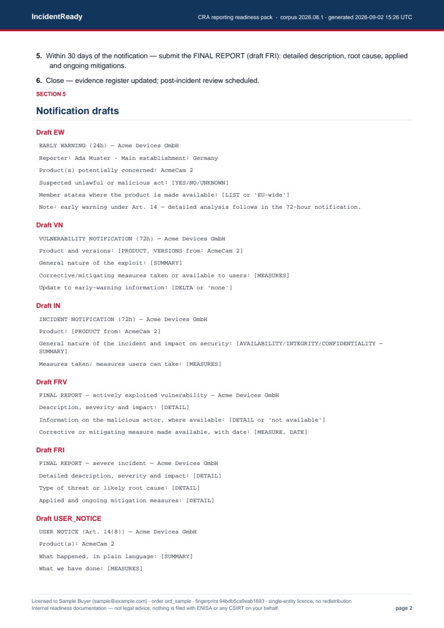 Sample pack page two: the six pre-filled notification drafts